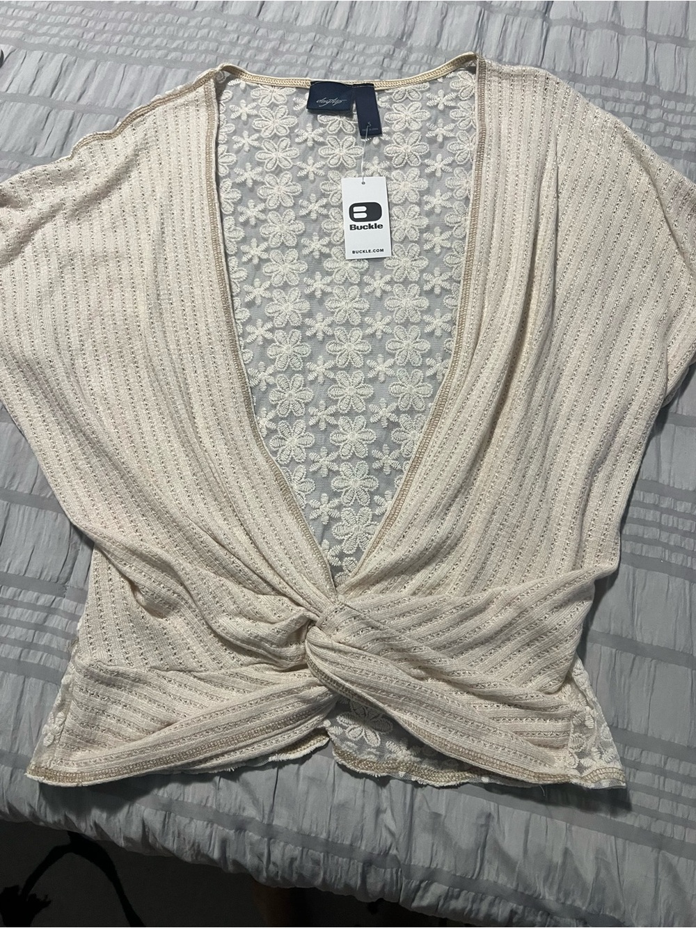 Daytrip Cream Knot-Front Floral Lace-Back Top